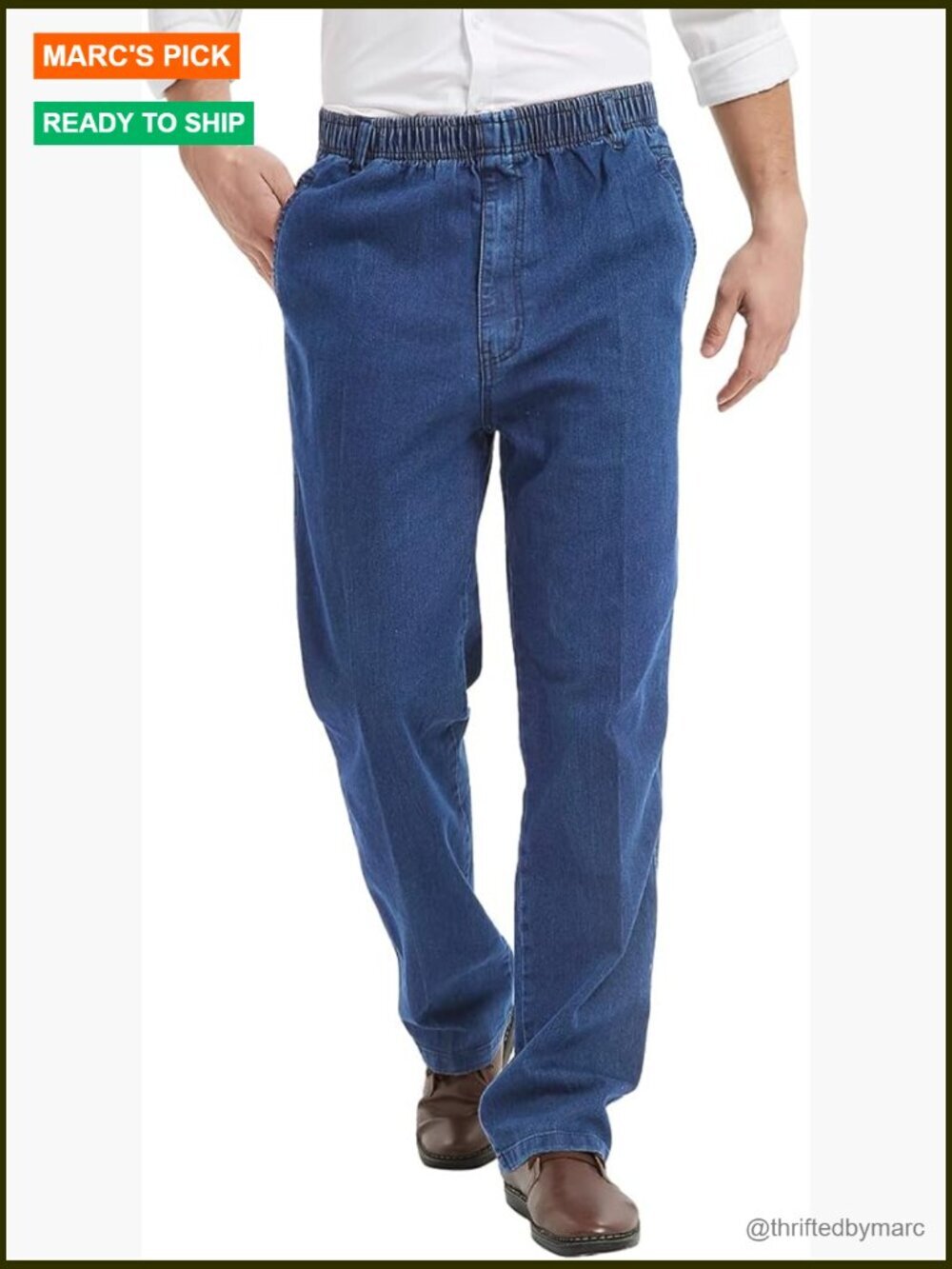 Men's Elastic Waist Denim Jeans Straight Leg Casual Pull On Pants